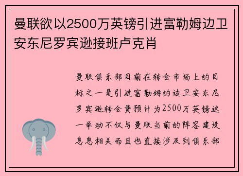 曼联欲以2500万英镑引进富勒姆边卫安东尼罗宾逊接班卢克肖